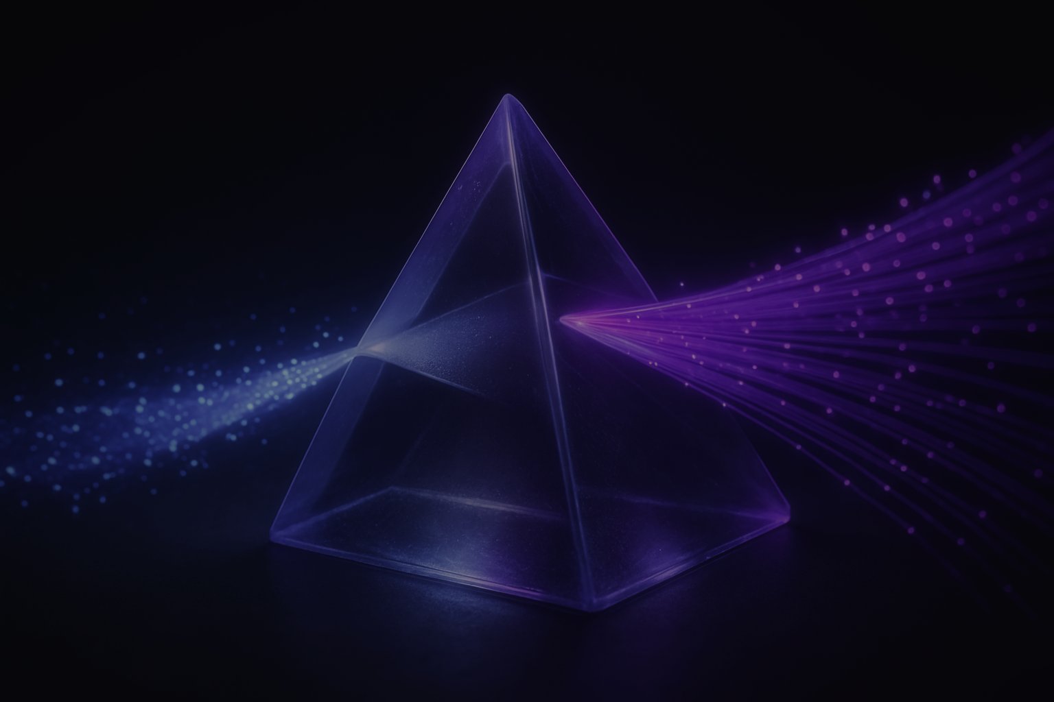 Glass prism separating data streams into ordered trails, illustrating AI-powered email optimization