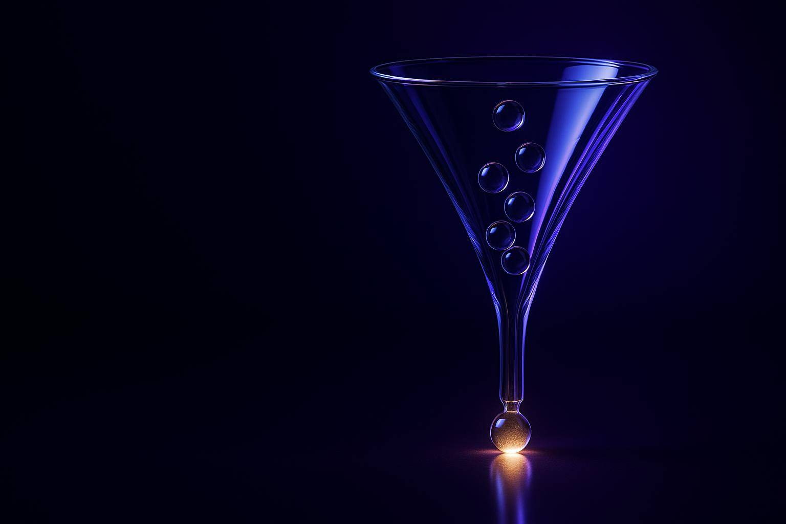 Glass funnel guiding spheres to one glowing sphere, illustrating how software marketing turns buyers into deals