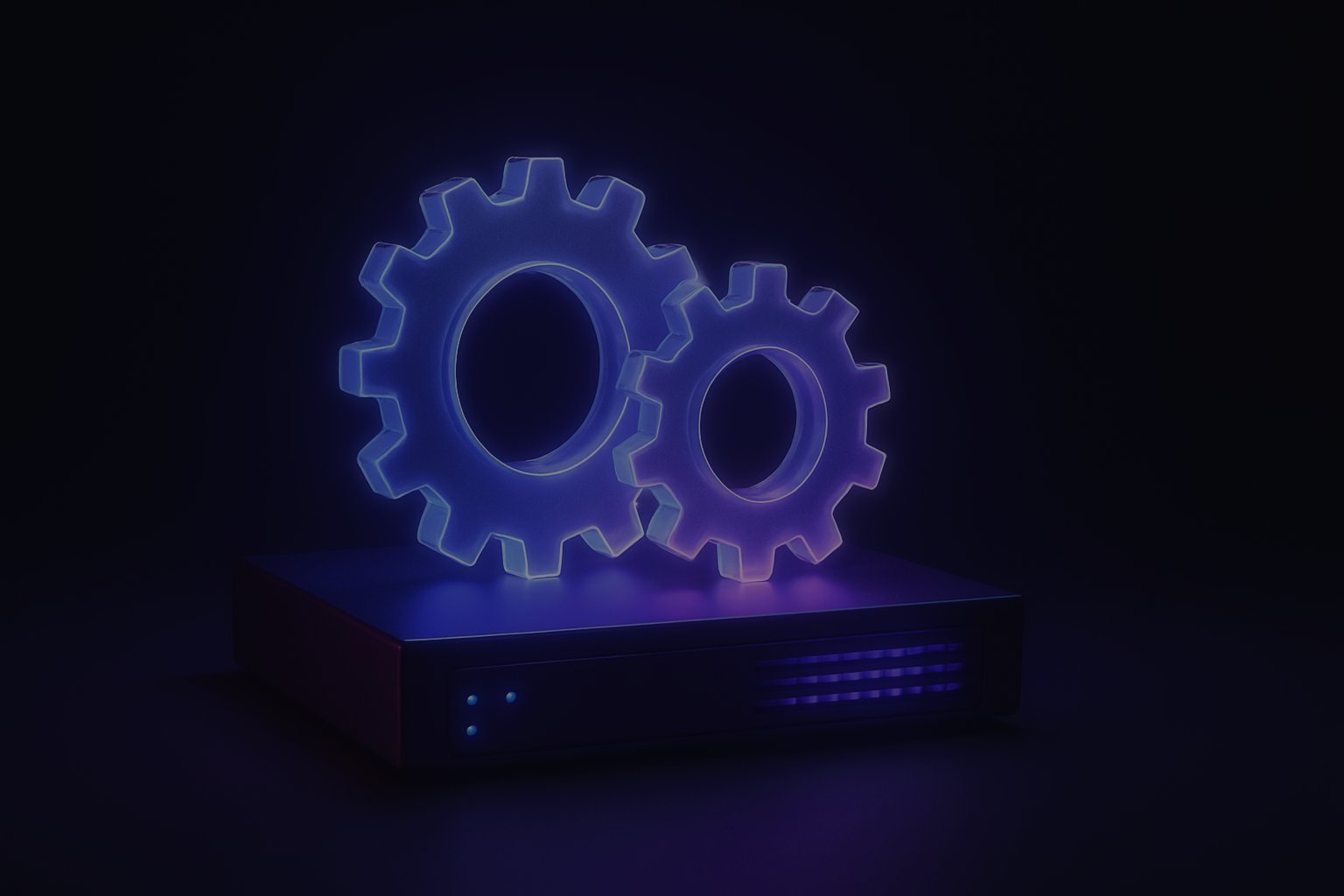 Glass gears on a server shelf, representing systematic WordPress maintenance checklist and routine updates